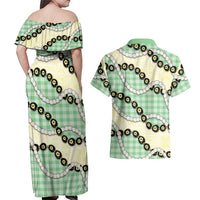 Green Palaka Hawaii Couples Matching Off Shoulder Maxi Dress and Hawaiian Shirt Kukui Nut Pikake Lei Hawaiian Tapa Pattern - Polynesian Pride