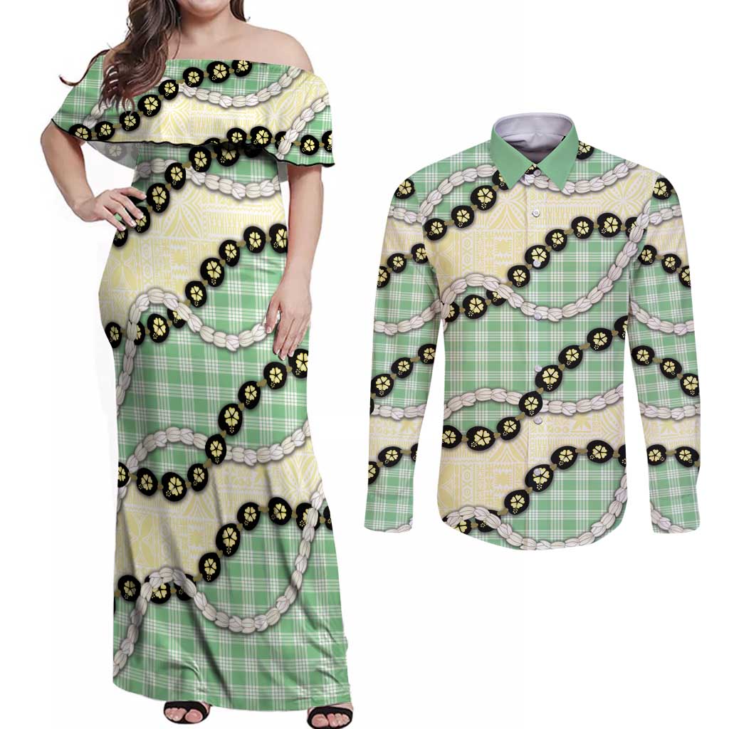 Green Palaka Hawaii Couples Matching Off Shoulder Maxi Dress and Long Sleeve Button Shirt Kukui Nut Pikake Lei Hawaiian Tapa Pattern LT14 Green - Polynesian Pride