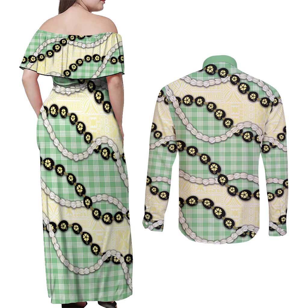 Green Palaka Hawaii Couples Matching Off Shoulder Maxi Dress and Long Sleeve Button Shirt Kukui Nut Pikake Lei Hawaiian Tapa Pattern LT14 - Polynesian Pride