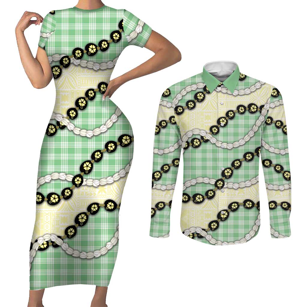 Green Palaka Hawaii Couples Matching Short Sleeve Bodycon Dress and Long Sleeve Button Shirt Kukui Nut Pikake Lei Hawaiian Tapa Pattern - Polynesian Pride