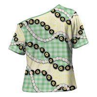 Green Palaka Hawaii Cross Shoulder Shirt Kukui Nut Pikake Lei Hawaiian Tapa Pattern - Polynesian Pride