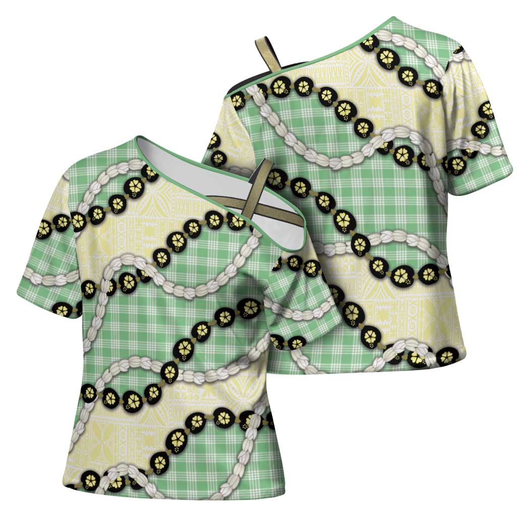 Green Palaka Hawaii Cross Shoulder Shirt Kukui Nut Pikake Lei Hawaiian Tapa Pattern - Polynesian Pride