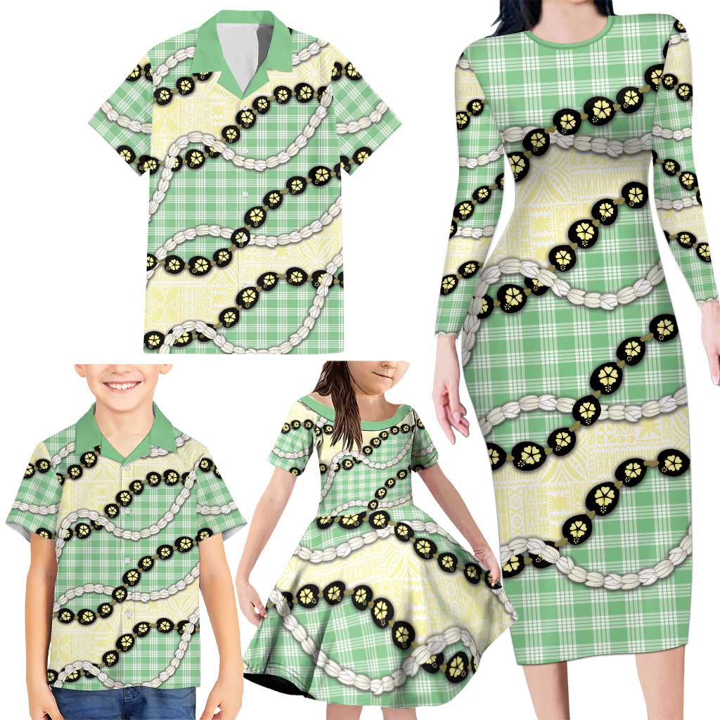 Green Palaka Hawaii Family Matching Long Sleeve Bodycon Dress and Hawaiian Shirt Kukui Nut Pikake Lei Hawaiian Tapa Pattern LT14 - Polynesian Pride