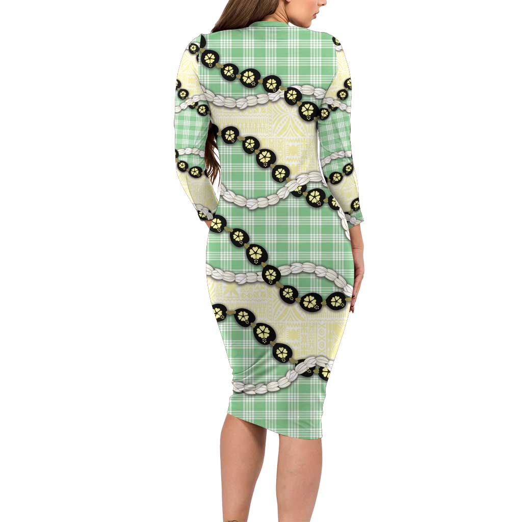Green Palaka Hawaii Family Matching Long Sleeve Bodycon Dress and Hawaiian Shirt Kukui Nut Pikake Lei Hawaiian Tapa Pattern LT14 - Polynesian Pride