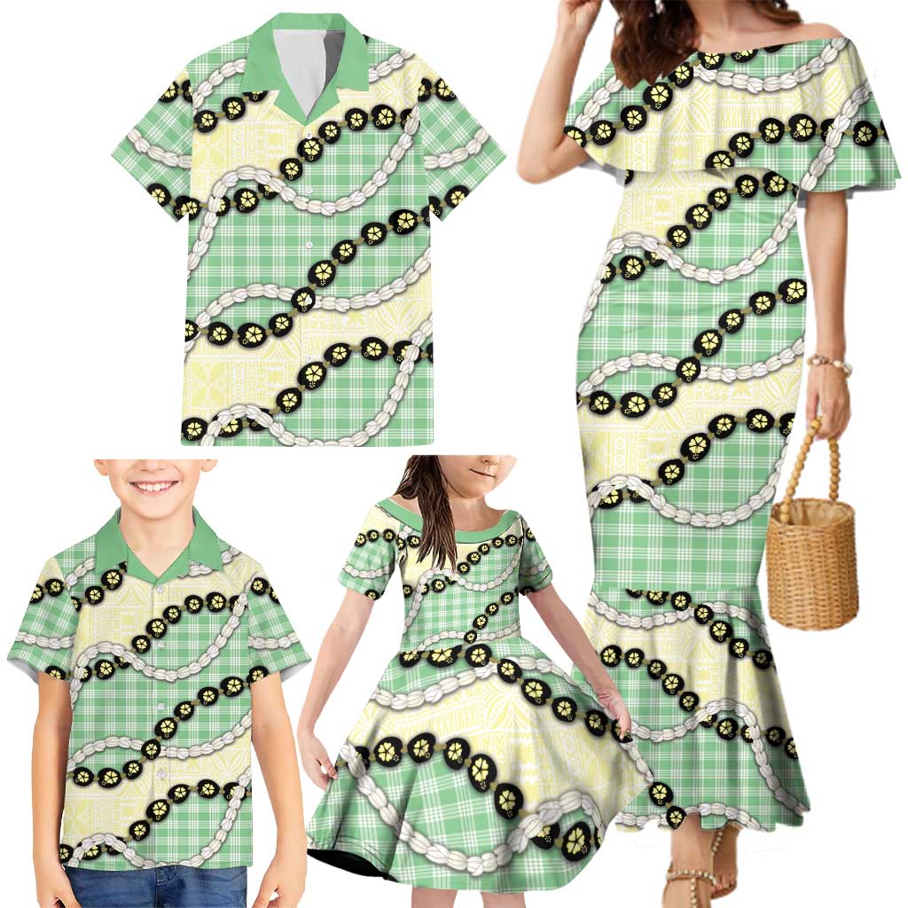 Green Palaka Hawaii Family Matching Mermaid Dress and Hawaiian Shirt Kukui Nut Pikake Lei Hawaiian Tapa Pattern LT14 - Polynesian Pride