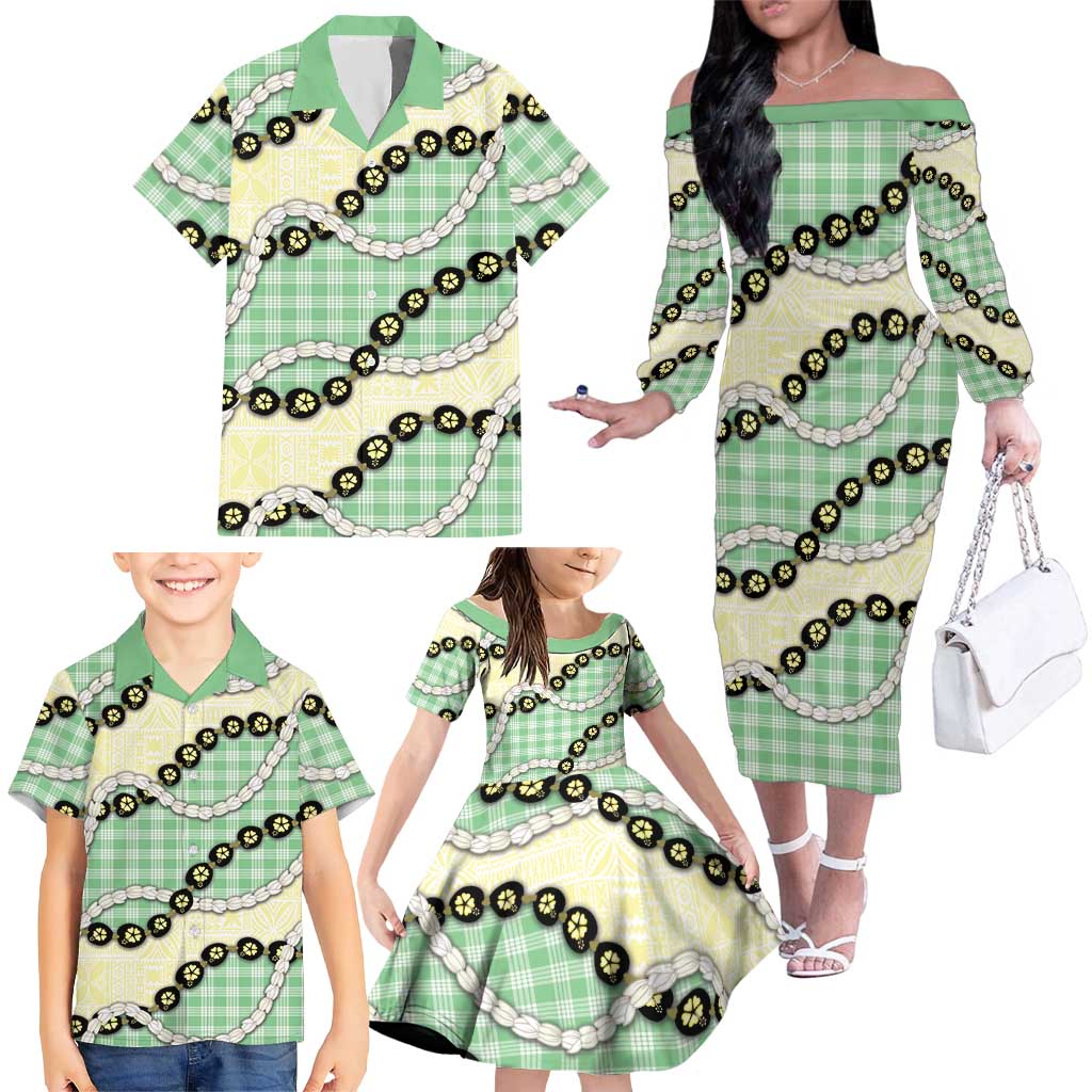 Green Palaka Hawaii Family Matching Off The Shoulder Long Sleeve Dress and Hawaiian Shirt Kukui Nut Pikake Lei Hawaiian Tapa Pattern - Polynesian Pride