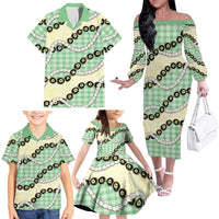 Green Palaka Hawaii Family Matching Off The Shoulder Long Sleeve Dress and Hawaiian Shirt Kukui Nut Pikake Lei Hawaiian Tapa Pattern LT14 - Polynesian Pride