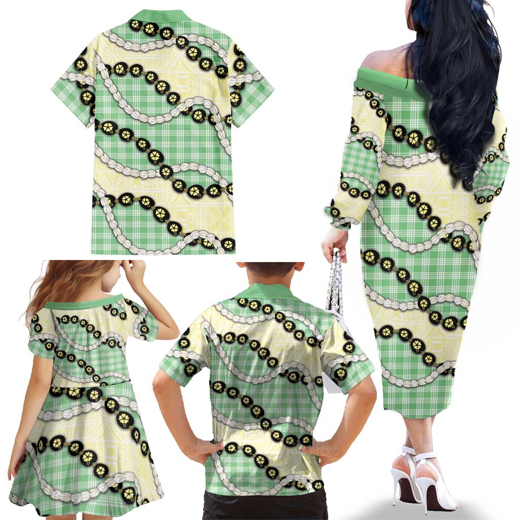 Green Palaka Hawaii Family Matching Off The Shoulder Long Sleeve Dress and Hawaiian Shirt Kukui Nut Pikake Lei Hawaiian Tapa Pattern LT14 - Polynesian Pride