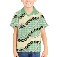 Green Palaka Hawaii Family Matching Off The Shoulder Long Sleeve Dress and Hawaiian Shirt Kukui Nut Pikake Lei Hawaiian Tapa Pattern LT14 Son's Shirt Green - Polynesian Pride