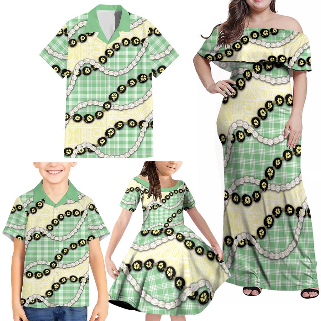 Green Palaka Hawaii Family Matching Off Shoulder Maxi Dress and Hawaiian Shirt Kukui Nut Pikake Lei Hawaiian Tapa Pattern LT14 - Polynesian Pride