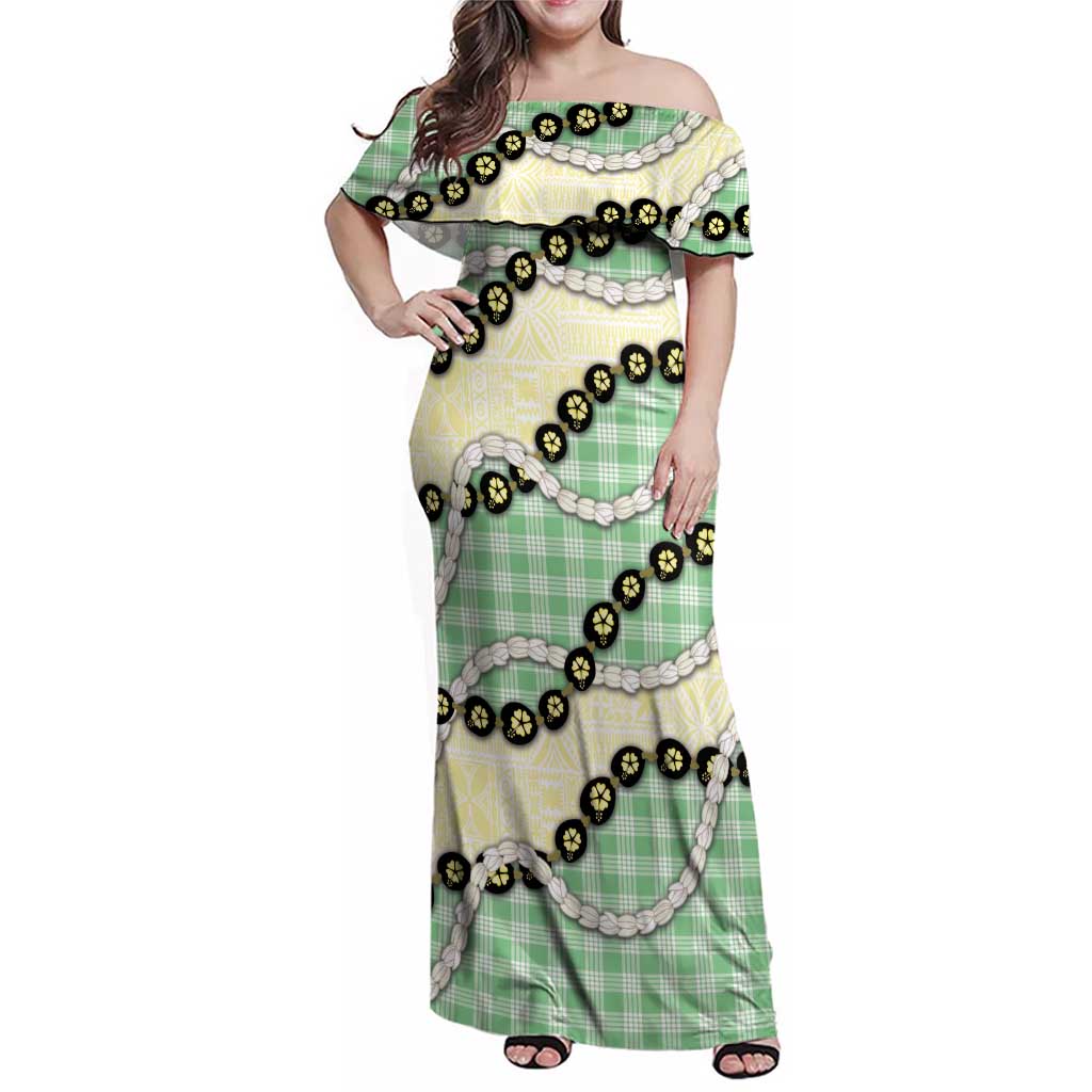 Green Palaka Hawaii Family Matching Off Shoulder Maxi Dress and Hawaiian Shirt Kukui Nut Pikake Lei Hawaiian Tapa Pattern LT14 Mom's Dress Green - Polynesian Pride