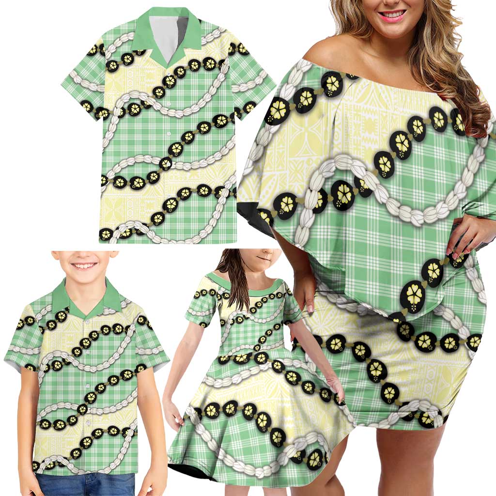 Green Palaka Hawaii Family Matching Off Shoulder Short Dress and Hawaiian Shirt Kukui Nut Pikake Lei Hawaiian Tapa Pattern - Polynesian Pride