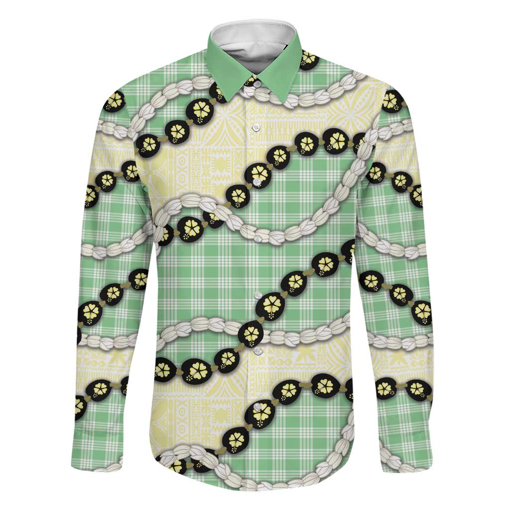 Green Palaka Hawaii Family Matching Off Shoulder Short Dress and Hawaiian Shirt Kukui Nut Pikake Lei Hawaiian Tapa Pattern LT14 Dad's Shirt - Long Sleeve Green - Polynesian Pride