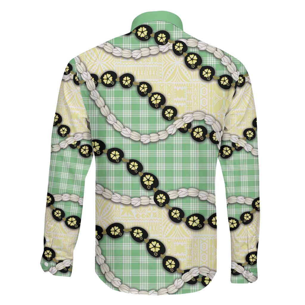 Green Palaka Hawaii Family Matching Off Shoulder Short Dress and Hawaiian Shirt Kukui Nut Pikake Lei Hawaiian Tapa Pattern LT14 - Polynesian Pride