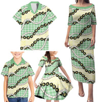 Green Palaka Hawaii Family Matching Puletasi and Hawaiian Shirt Kukui Nut Pikake Lei Hawaiian Tapa Pattern - Polynesian Pride