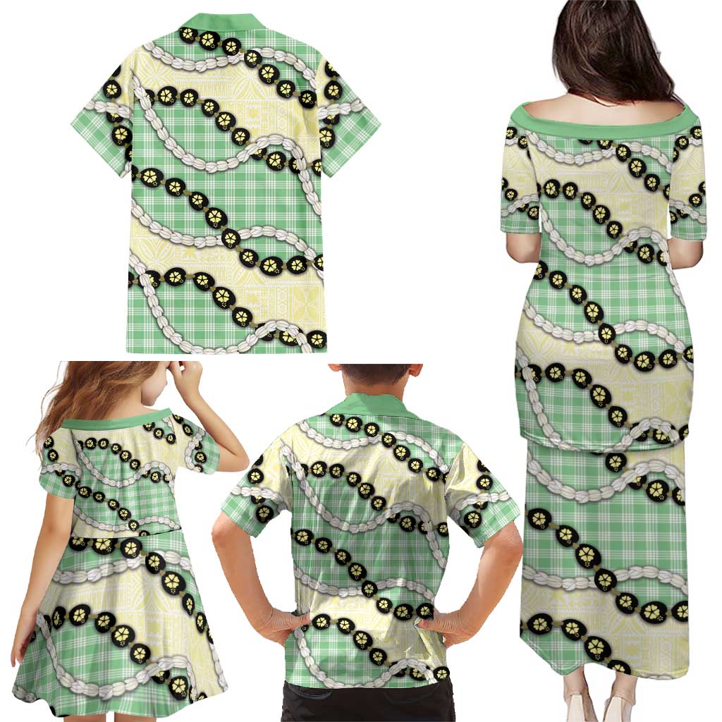 Green Palaka Hawaii Family Matching Puletasi and Hawaiian Shirt Kukui Nut Pikake Lei Hawaiian Tapa Pattern - Polynesian Pride