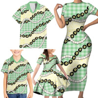 Green Palaka Hawaii Family Matching Short Sleeve Bodycon Dress and Hawaiian Shirt Kukui Nut Pikake Lei Hawaiian Tapa Pattern LT14 - Polynesian Pride