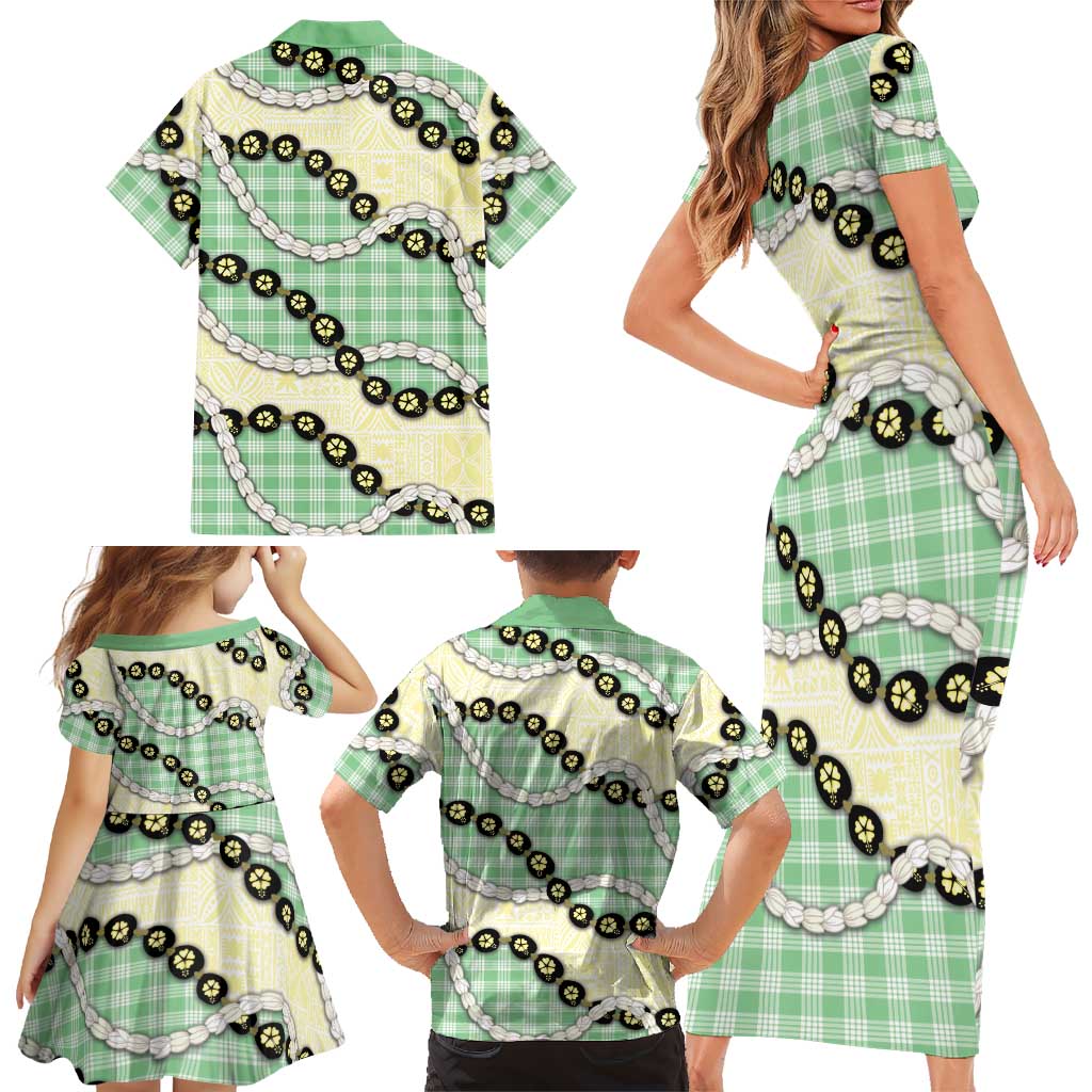 Green Palaka Hawaii Family Matching Short Sleeve Bodycon Dress and Hawaiian Shirt Kukui Nut Pikake Lei Hawaiian Tapa Pattern LT14 - Polynesian Pride