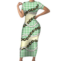 Green Palaka Hawaii Family Matching Short Sleeve Bodycon Dress and Hawaiian Shirt Kukui Nut Pikake Lei Hawaiian Tapa Pattern LT14 Mom's Dress Green - Polynesian Pride
