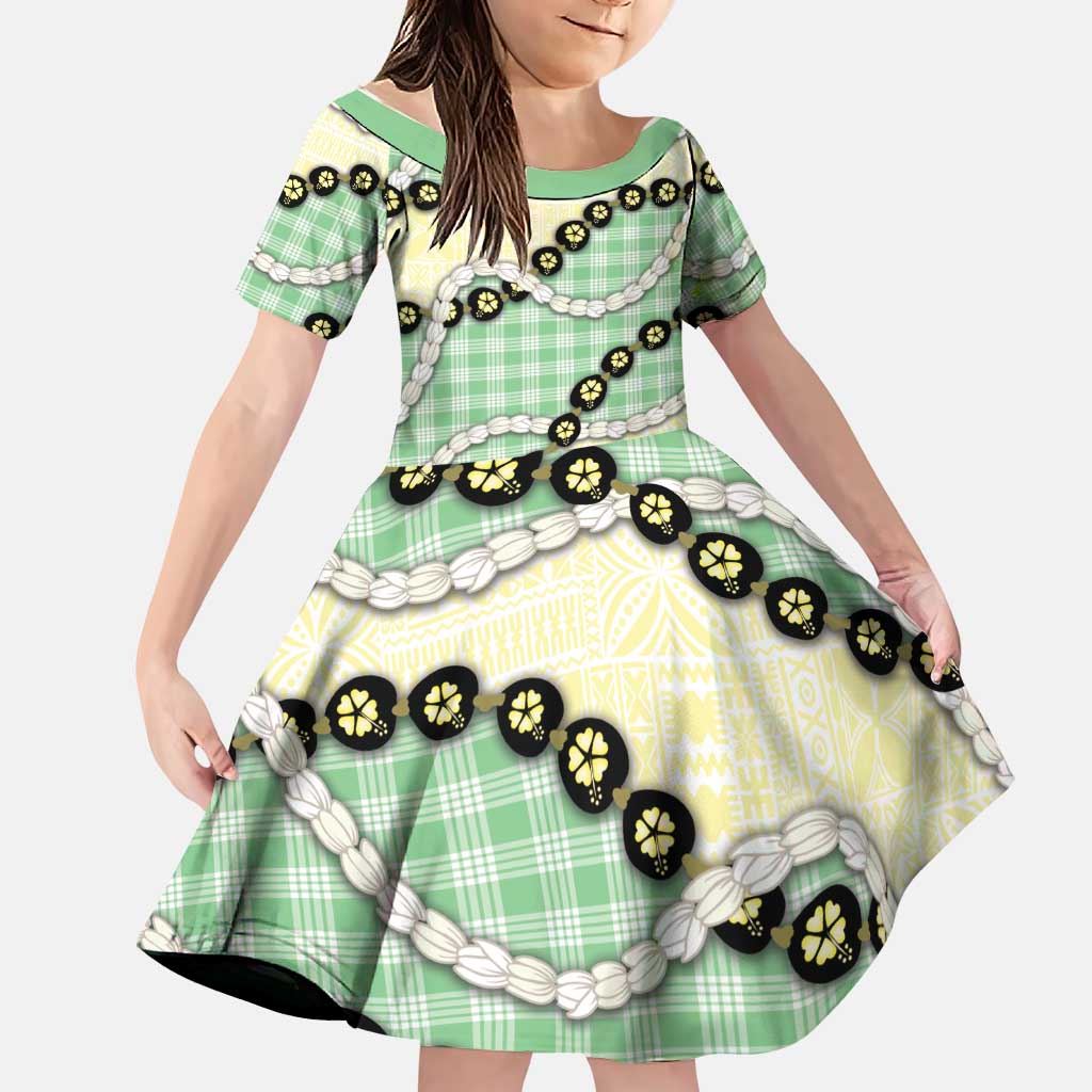 Green Palaka Hawaii Family Matching Summer Maxi Dress and Hawaiian Shirt Kukui Nut Pikake Lei Hawaiian Tapa Pattern LT14 Daughter's Dress Green - Polynesian Pride