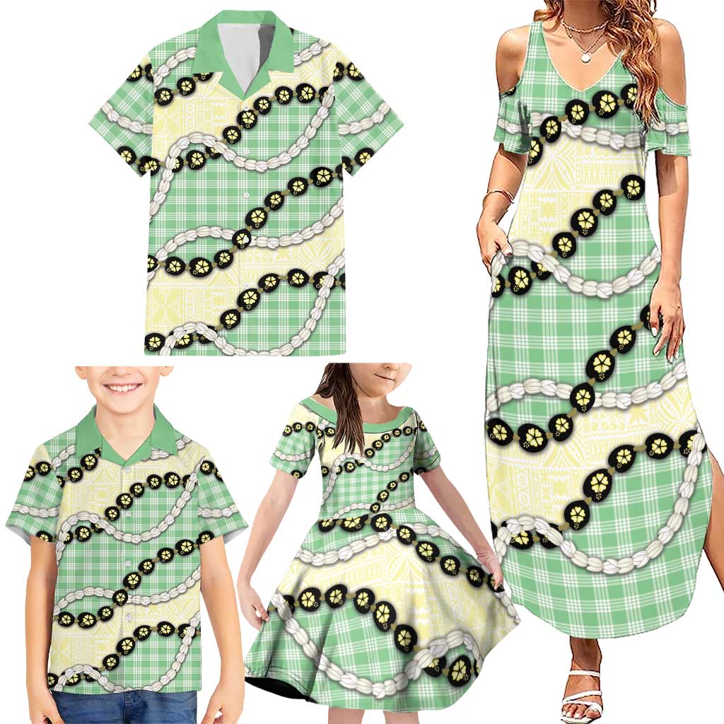 Green Palaka Hawaii Family Matching Summer Maxi Dress and Hawaiian Shirt Kukui Nut Pikake Lei Hawaiian Tapa Pattern LT14 - Polynesian Pride