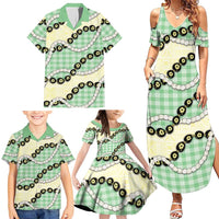 Green Palaka Hawaii Family Matching Summer Maxi Dress and Hawaiian Shirt Kukui Nut Pikake Lei Hawaiian Tapa Pattern LT14 - Polynesian Pride