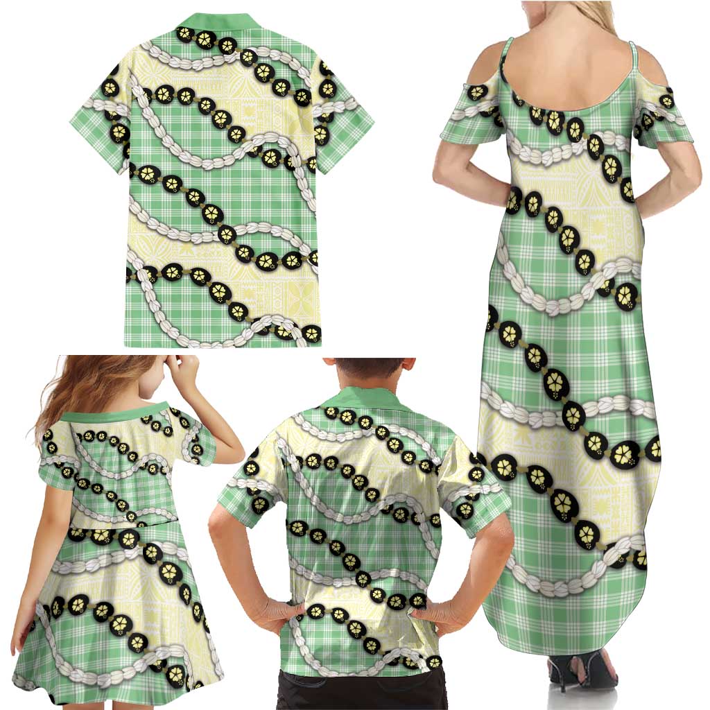 Green Palaka Hawaii Family Matching Summer Maxi Dress and Hawaiian Shirt Kukui Nut Pikake Lei Hawaiian Tapa Pattern LT14 - Polynesian Pride