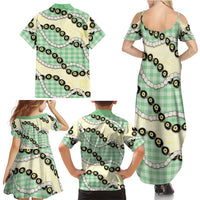 Green Palaka Hawaii Family Matching Summer Maxi Dress and Hawaiian Shirt Kukui Nut Pikake Lei Hawaiian Tapa Pattern LT14 - Polynesian Pride