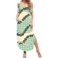 Green Palaka Hawaii Family Matching Summer Maxi Dress and Hawaiian Shirt Kukui Nut Pikake Lei Hawaiian Tapa Pattern LT14 Mom's Dress Green - Polynesian Pride