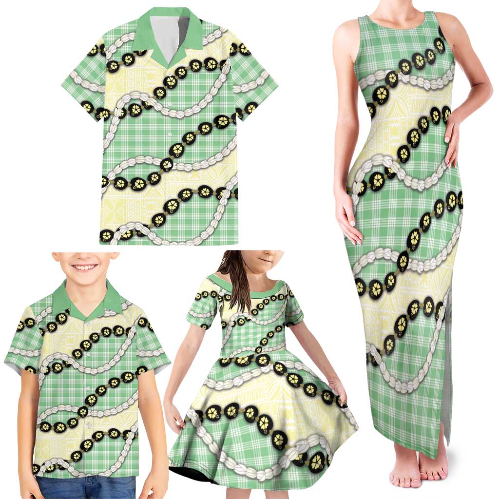 Green Palaka Hawaii Family Matching Tank Maxi Dress and Hawaiian Shirt Kukui Nut Pikake Lei Hawaiian Tapa Pattern LT14 - Polynesian Pride