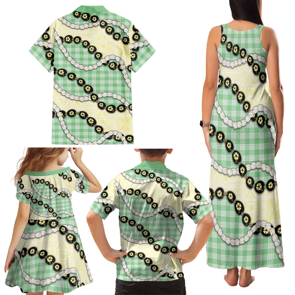 Green Palaka Hawaii Family Matching Tank Maxi Dress and Hawaiian Shirt Kukui Nut Pikake Lei Hawaiian Tapa Pattern LT14 - Polynesian Pride