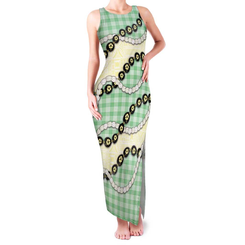 Green Palaka Hawaii Family Matching Tank Maxi Dress and Hawaiian Shirt Kukui Nut Pikake Lei Hawaiian Tapa Pattern LT14 Mom's Dress Green - Polynesian Pride