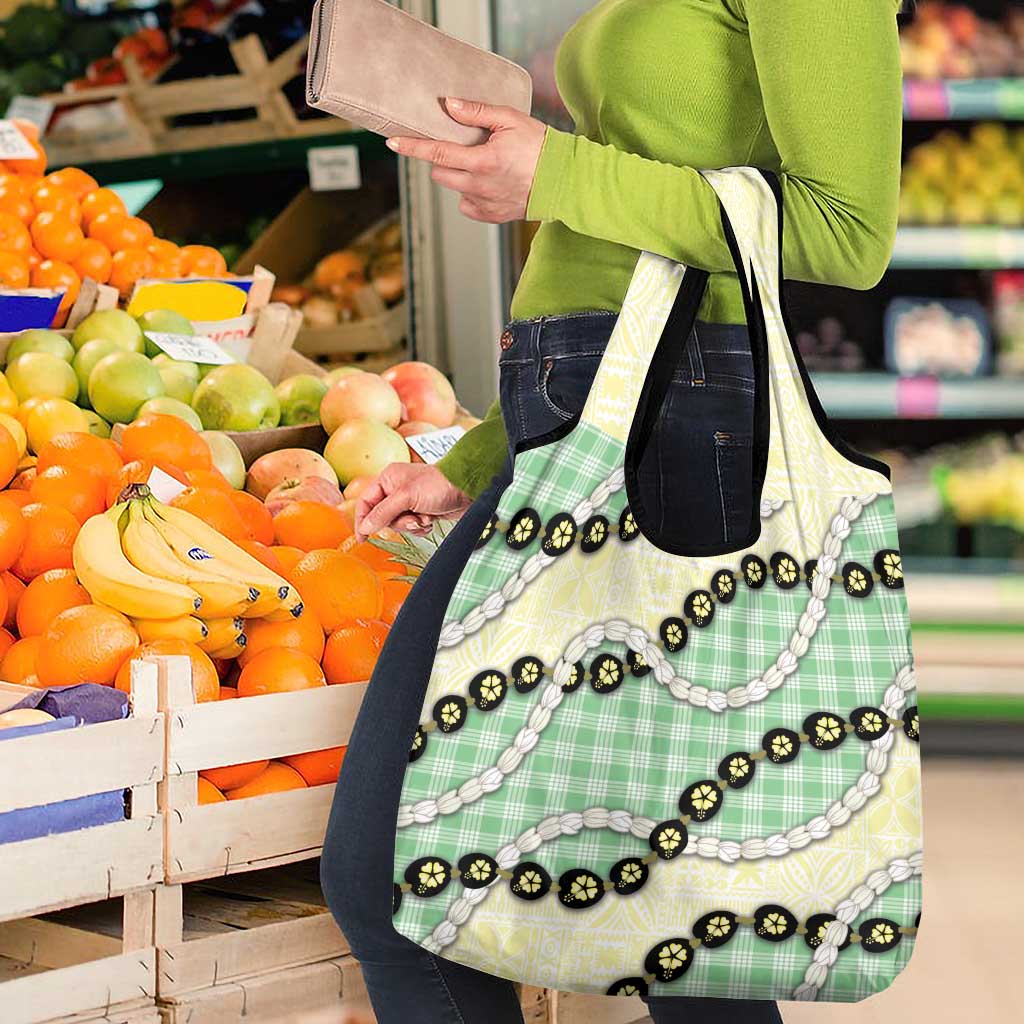 Green Palaka Hawaii Grocery Bag Kukui Nut Pikake Lei Hawaiian Tapa Pattern - Polynesian Pride