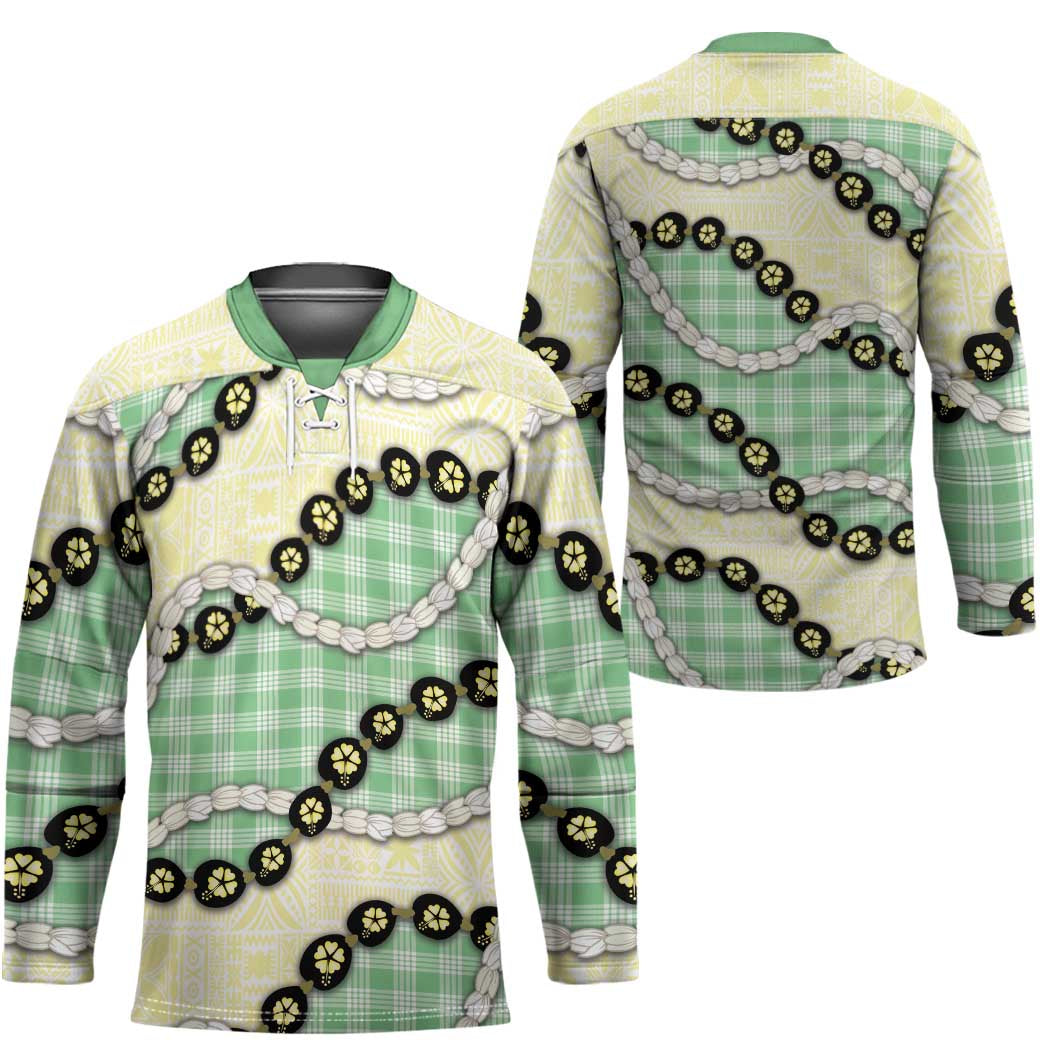 Green Palaka Hawaii Hockey Jersey Kukui Nut Pikake Lei Hawaiian Tapa Pattern - Polynesian Pride