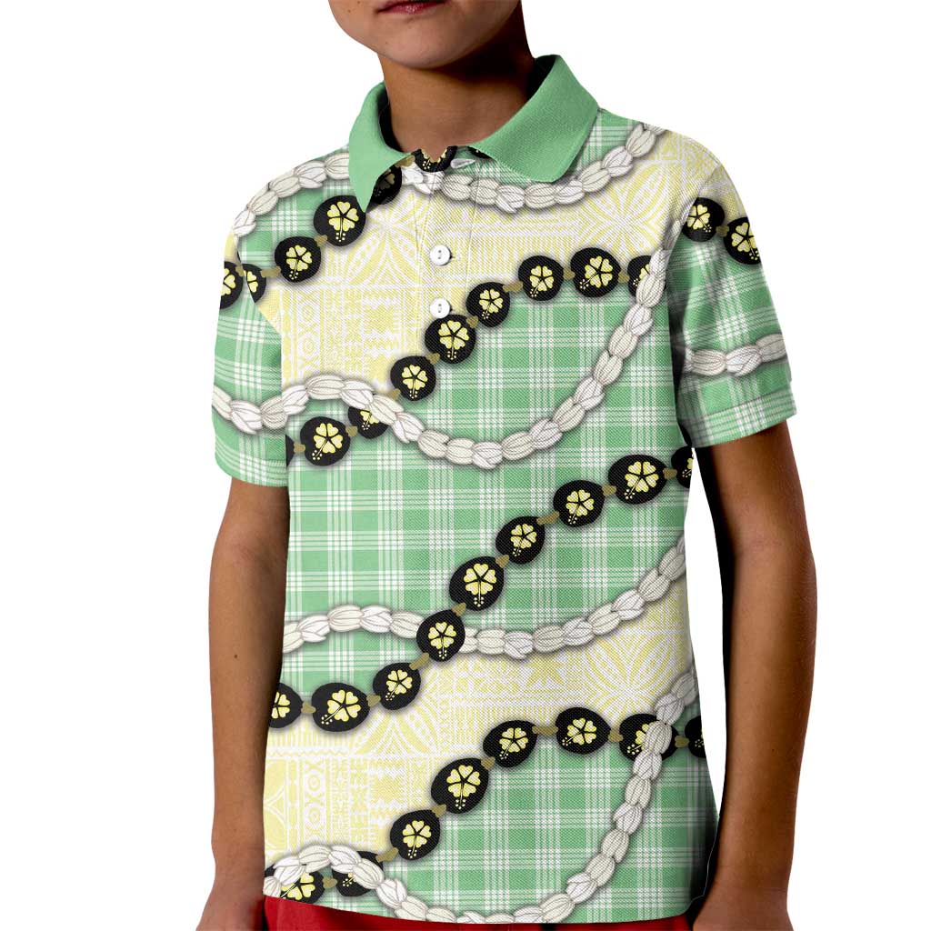 Green Palaka Hawaii Kid Polo Shirt Kukui Nut Pikake Lei Hawaiian Tapa Pattern - Polynesian Pride