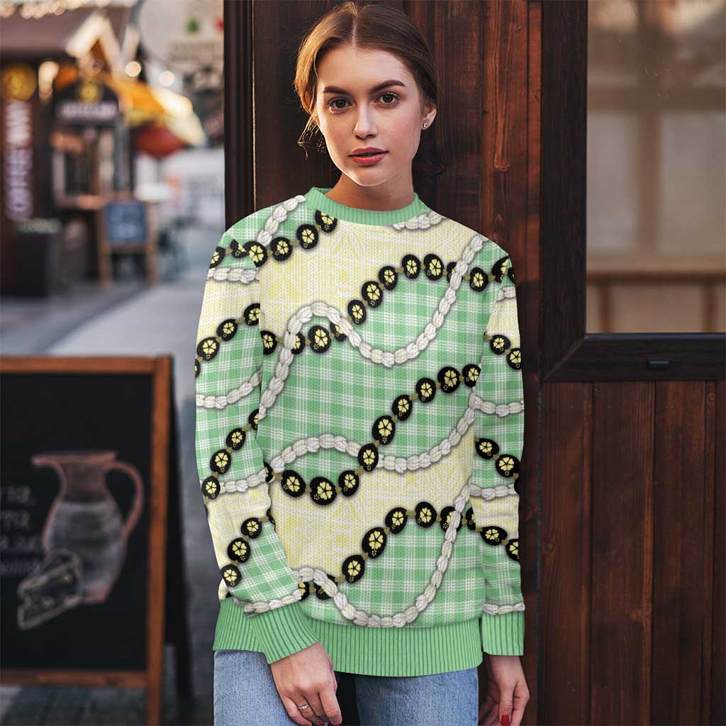 Green Palaka Hawaii Ugly Christmas Sweater Kukui Nut Pikake Lei Hawaiian Tapa Pattern - Polynesian Pride
