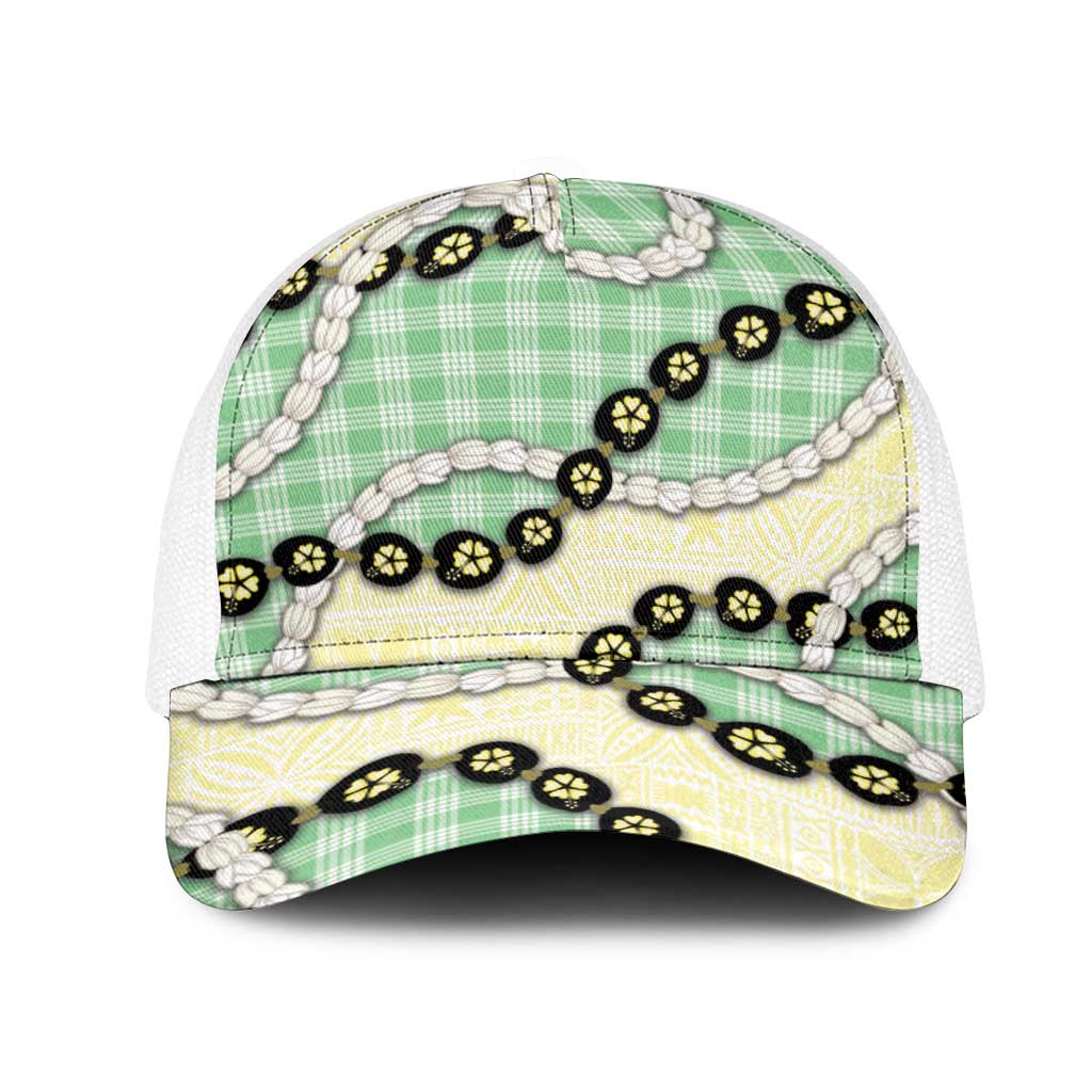 Green Palaka Hawaii Mesh Trucker Cap Kukui Nut Pikake Lei Hawaiian Tapa Pattern - Polynesian Pride