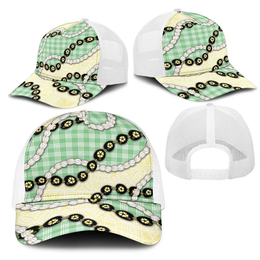 Green Palaka Hawaii Mesh Trucker Cap Kukui Nut Pikake Lei Hawaiian Tapa Pattern - Polynesian Pride