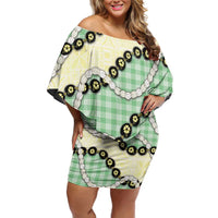 Green Palaka Hawaii Off Shoulder Short Dress Kukui Nut Pikake Lei Hawaiian Tapa Pattern LT14 Women Green - Polynesian Pride