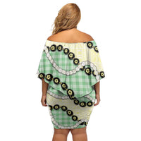 Green Palaka Hawaii Off Shoulder Short Dress Kukui Nut Pikake Lei Hawaiian Tapa Pattern LT14 - Polynesian Pride