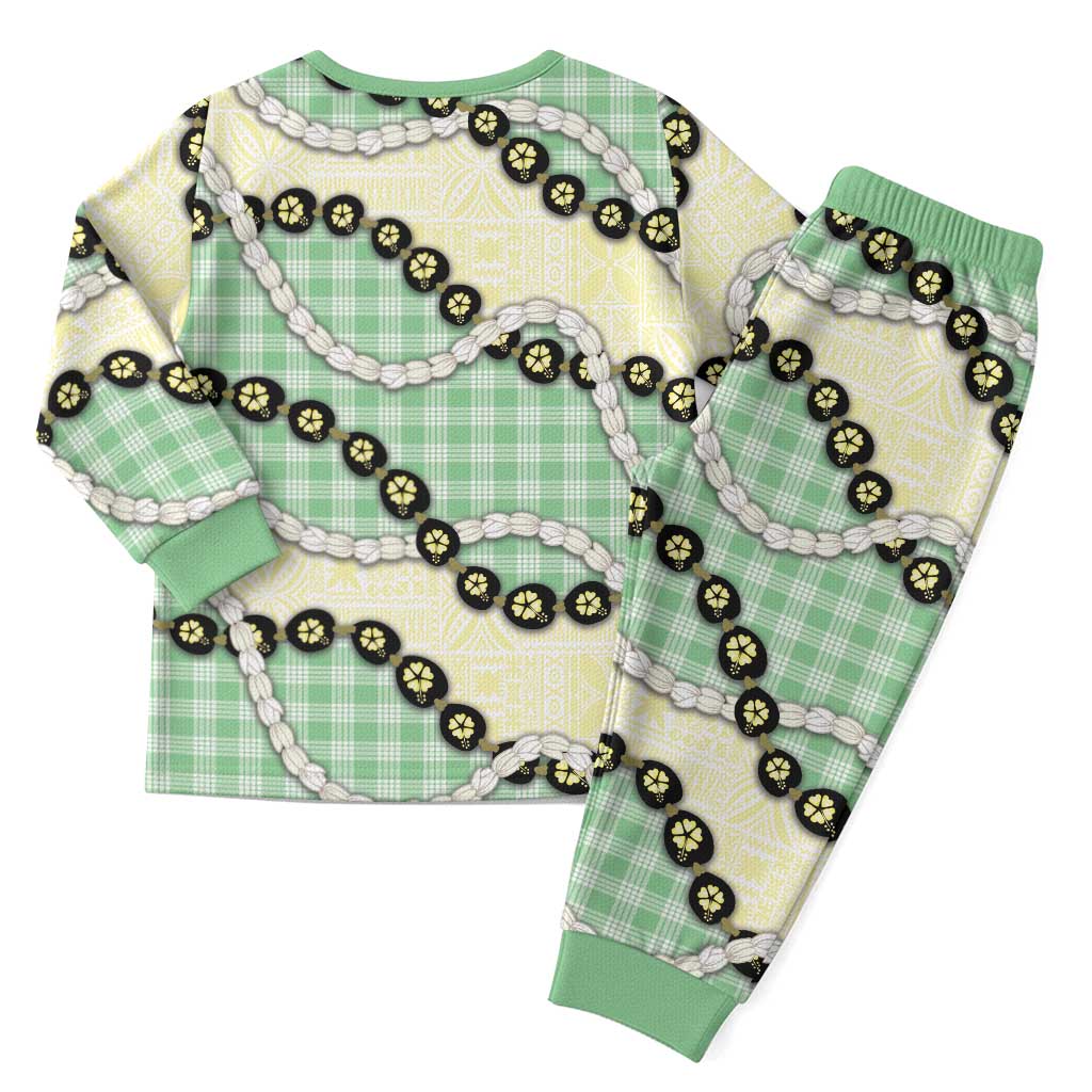 Green Palaka Hawaii Christmas Pajama Set Kukui Nut Pikake Lei Hawaiian Tapa Pattern LT14 - Polynesian Pride
