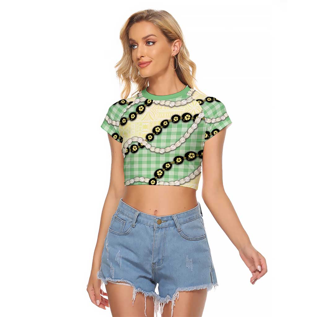 Green Palaka Hawaii Raglan Cropped T Shirt Kukui Nut Pikake Lei Hawaiian Tapa Pattern - Polynesian Pride