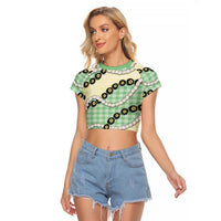 Green Palaka Hawaii Raglan Cropped T Shirt Kukui Nut Pikake Lei Hawaiian Tapa Pattern - Polynesian Pride