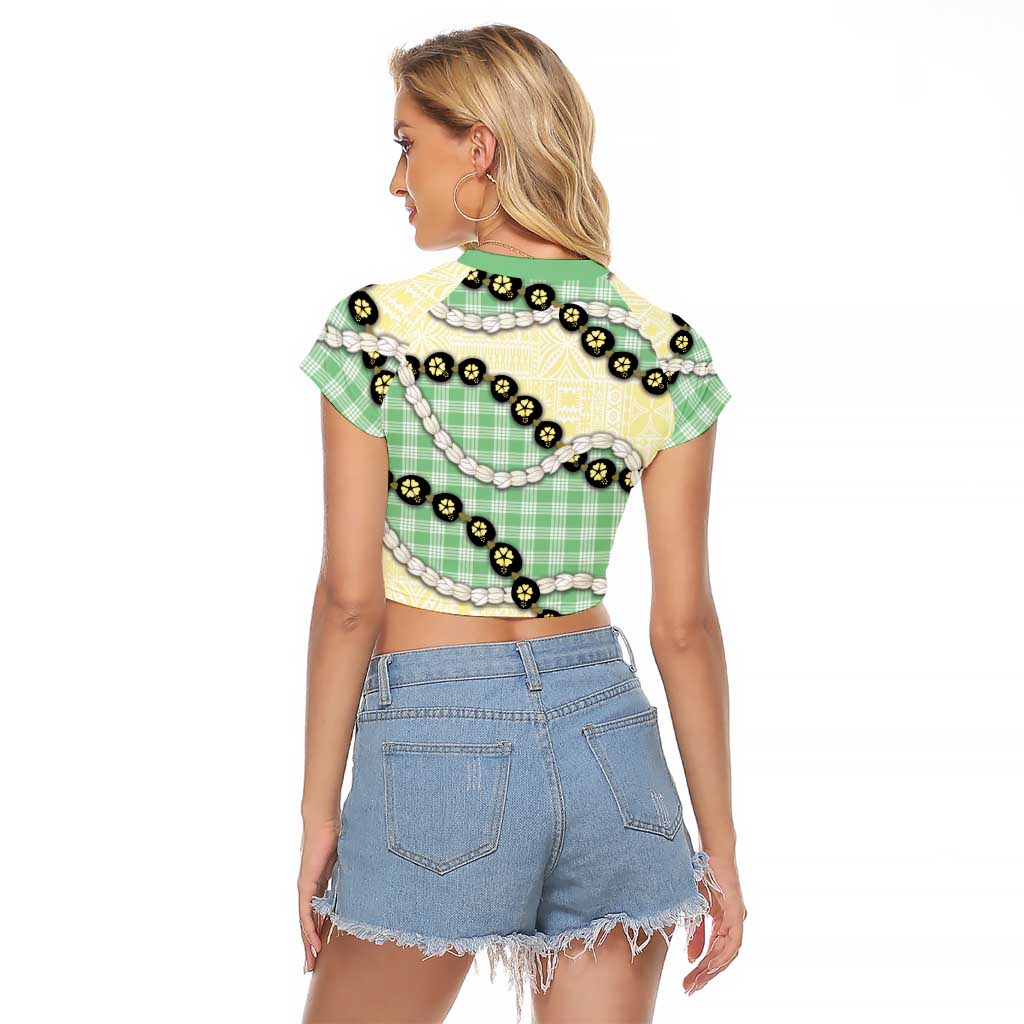 Green Palaka Hawaii Raglan Cropped T Shirt Kukui Nut Pikake Lei Hawaiian Tapa Pattern - Polynesian Pride