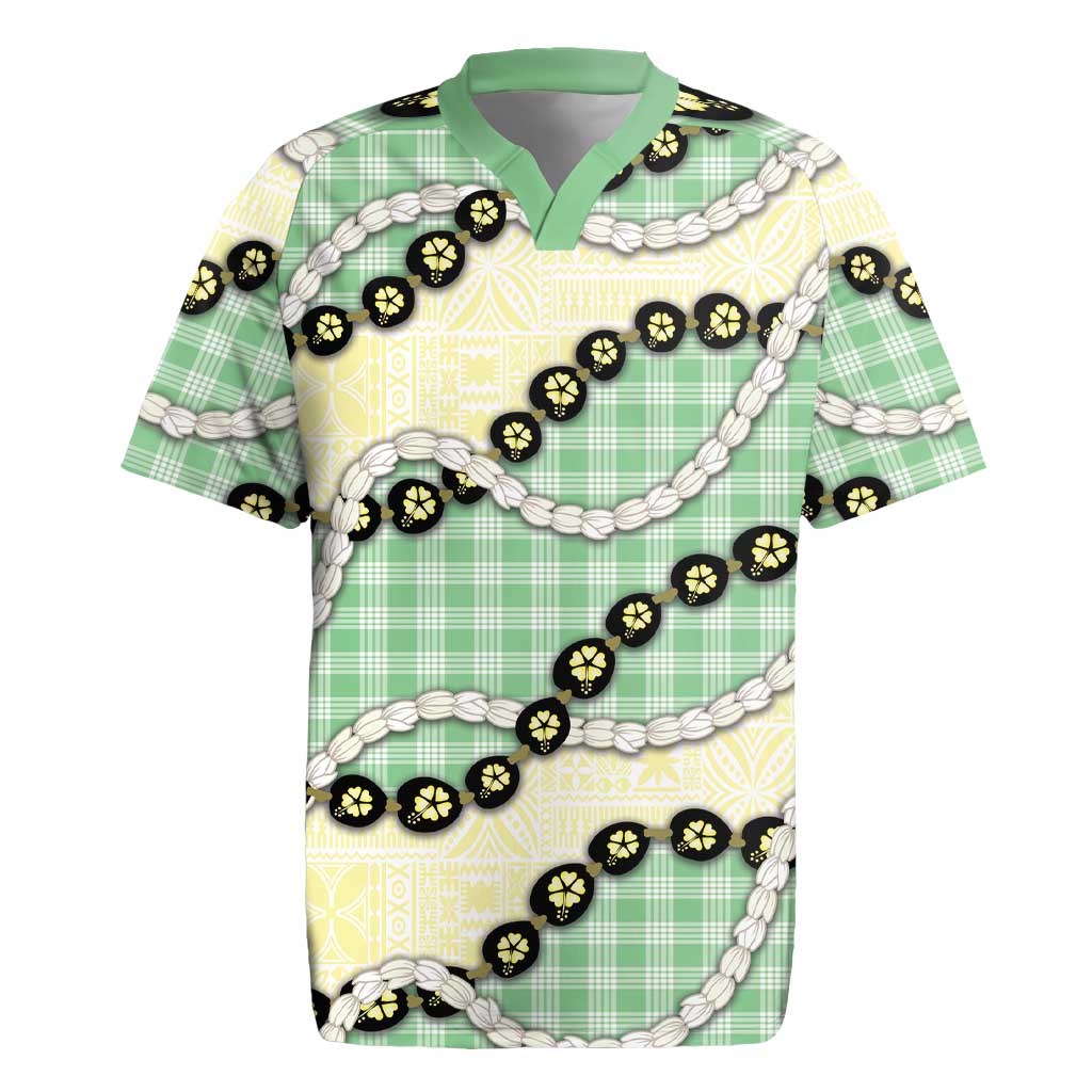 Green Palaka Hawaii Rugby Jersey Kukui Nut Pikake Lei Hawaiian Tapa Pattern - Polynesian Pride