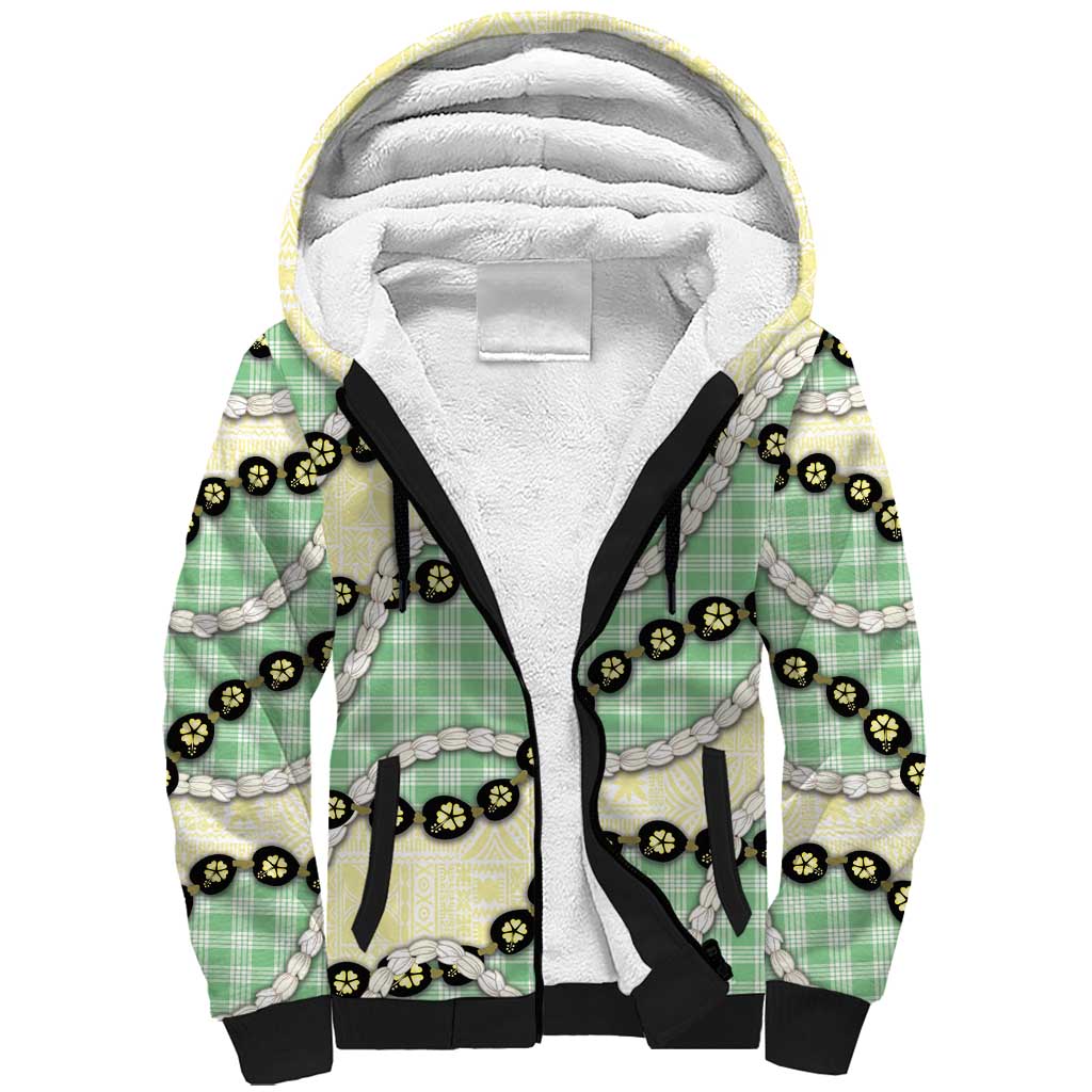 Green Palaka Hawaii Sherpa Hoodie Kukui Nut Pikake Lei Hawaiian Tapa Pattern - Polynesian Pride