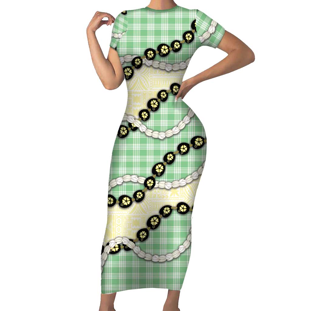 Green Palaka Hawaii Short Sleeve Bodycon Dress Kukui Nut Pikake Lei Hawaiian Tapa Pattern - Polynesian Pride