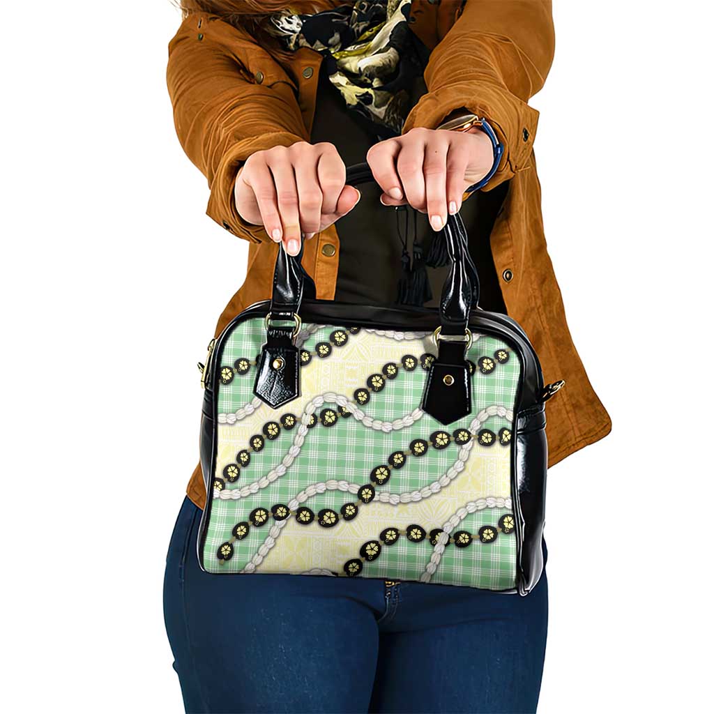 Green Palaka Hawaii Shoulder Handbag Kukui Nut Pikake Lei Hawaiian Tapa Pattern - Polynesian Pride