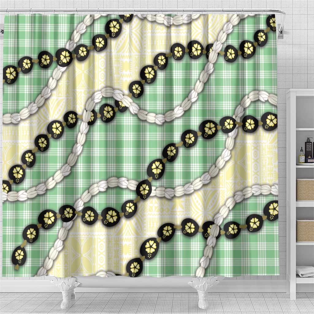 Green Palaka Hawaii Shower Curtain Kukui Nut Pikake Lei Hawaiian Tapa Pattern LT14 - Polynesian Pride