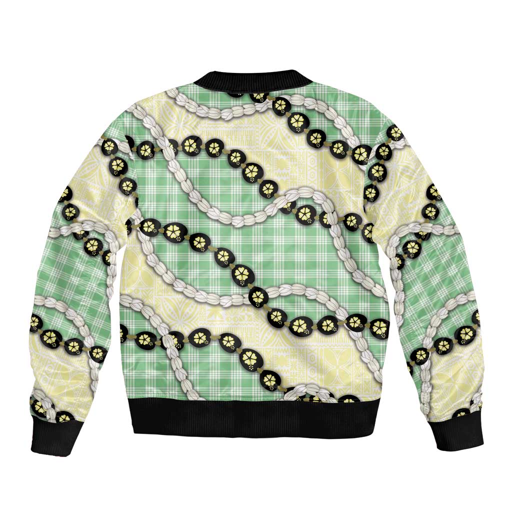 Green Palaka Hawaii Sleeve Zip Bomber Jacket Kukui Nut Pikake Lei Hawaiian Tapa Pattern LT14 - Polynesian Pride